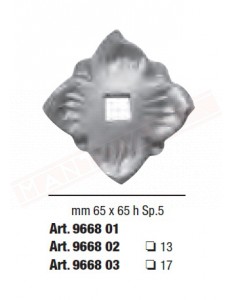 Piastrina in ferro stampato mm 65 x 65 h Sp.5 con foro centrale quadro 13 mm per cancellate e inferriate.