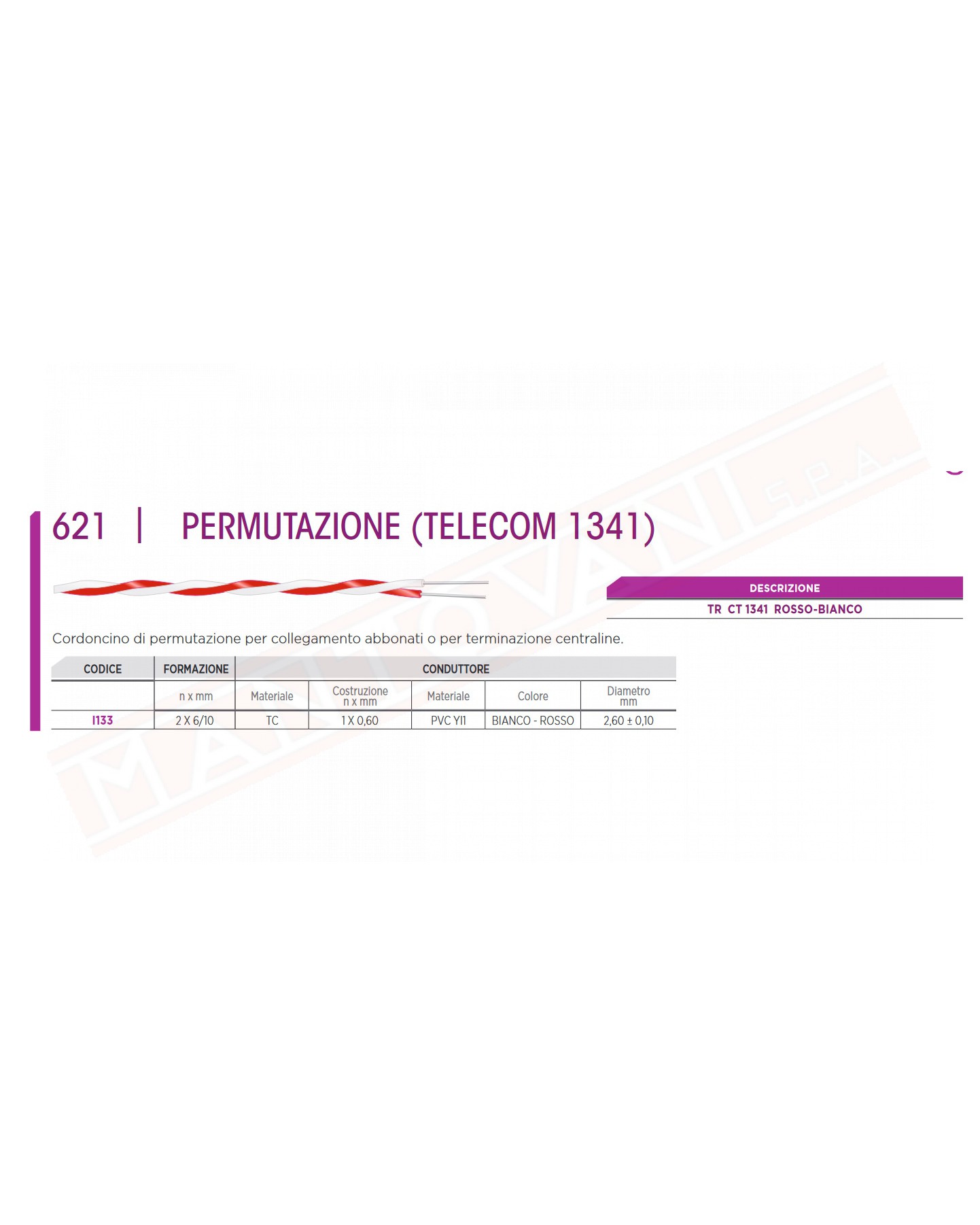treccia permutazione telecom 2x6\10 treccina a vista bianco rossa vendita al metro lineare multipli di un metro
