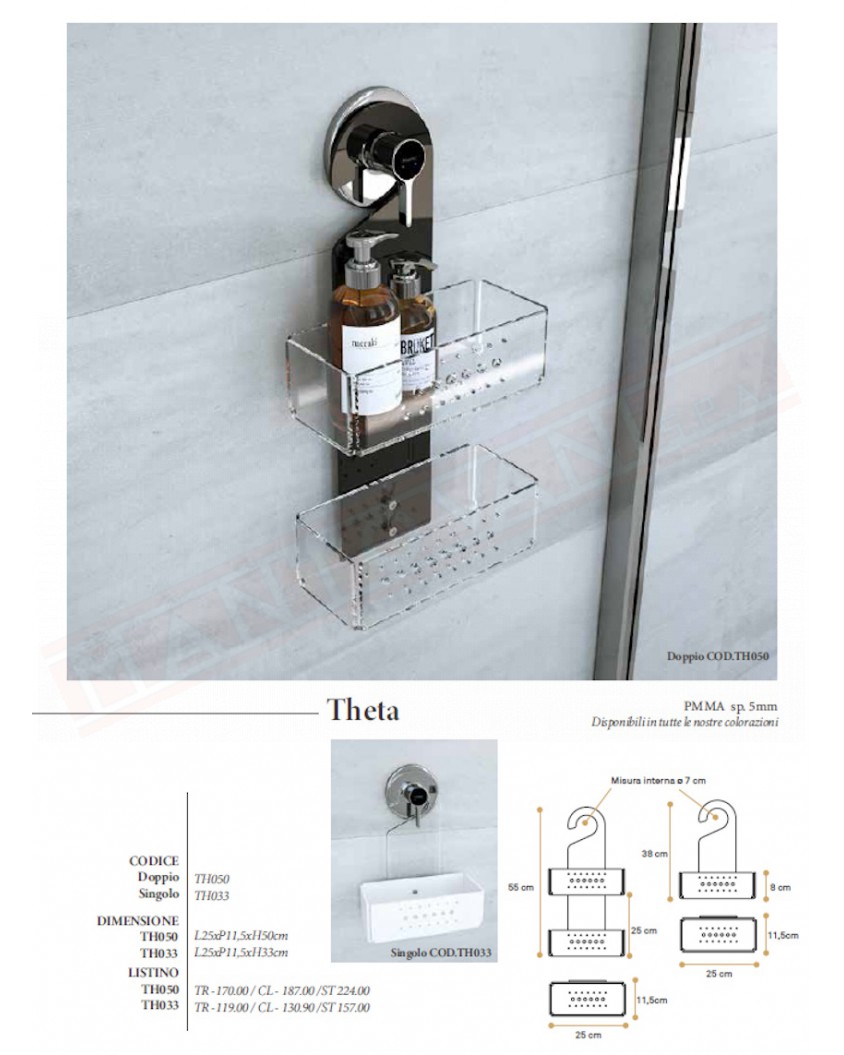 Theta porta oggetti per doccia in PMMA 5mm cm 25x11.5 h38 trasparente