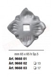 Piastrina in ferro stampato mm 65 x 65 h Sp.5 con foro centrale quadro 17 mm per cancellate e inferriate.