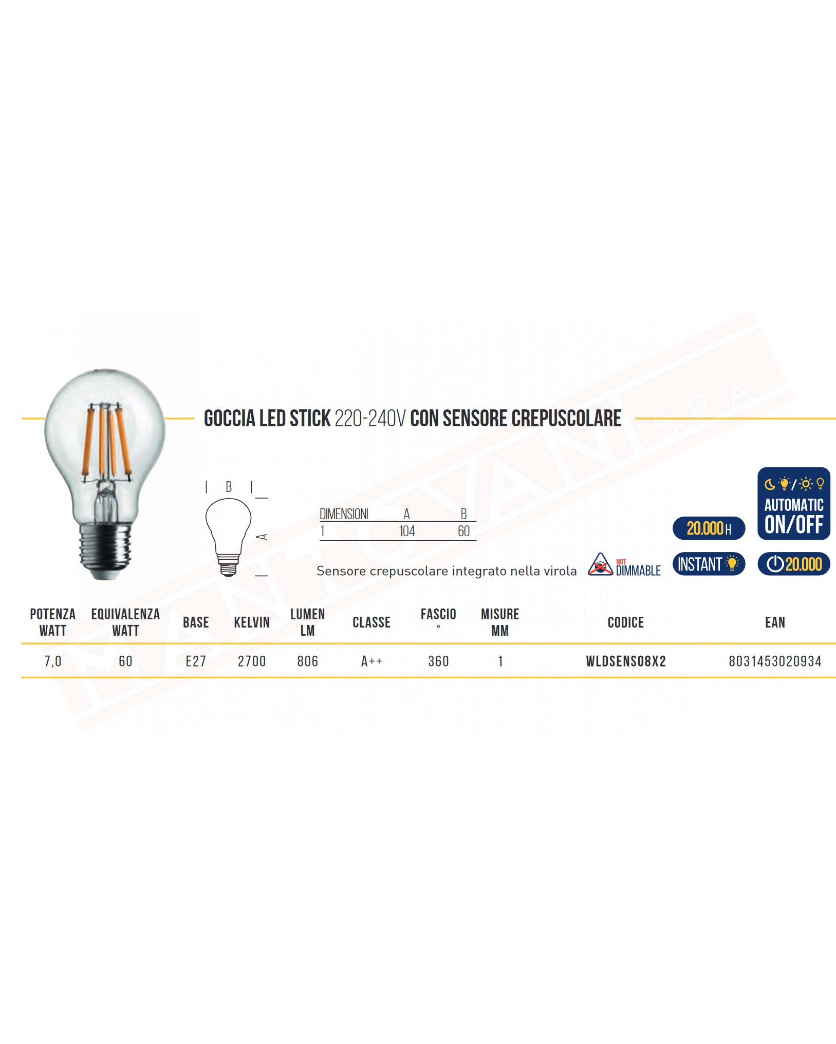 Shot lampadina led sensore crepuscolare luce calda 2700 k 7w equivalente 60 w 806 lumen utili classe energetica D