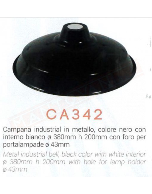 Amarcords campana industrial in metallo diametro 38 cm nero con interno bianco con foro per portalampade diametro 4 cm