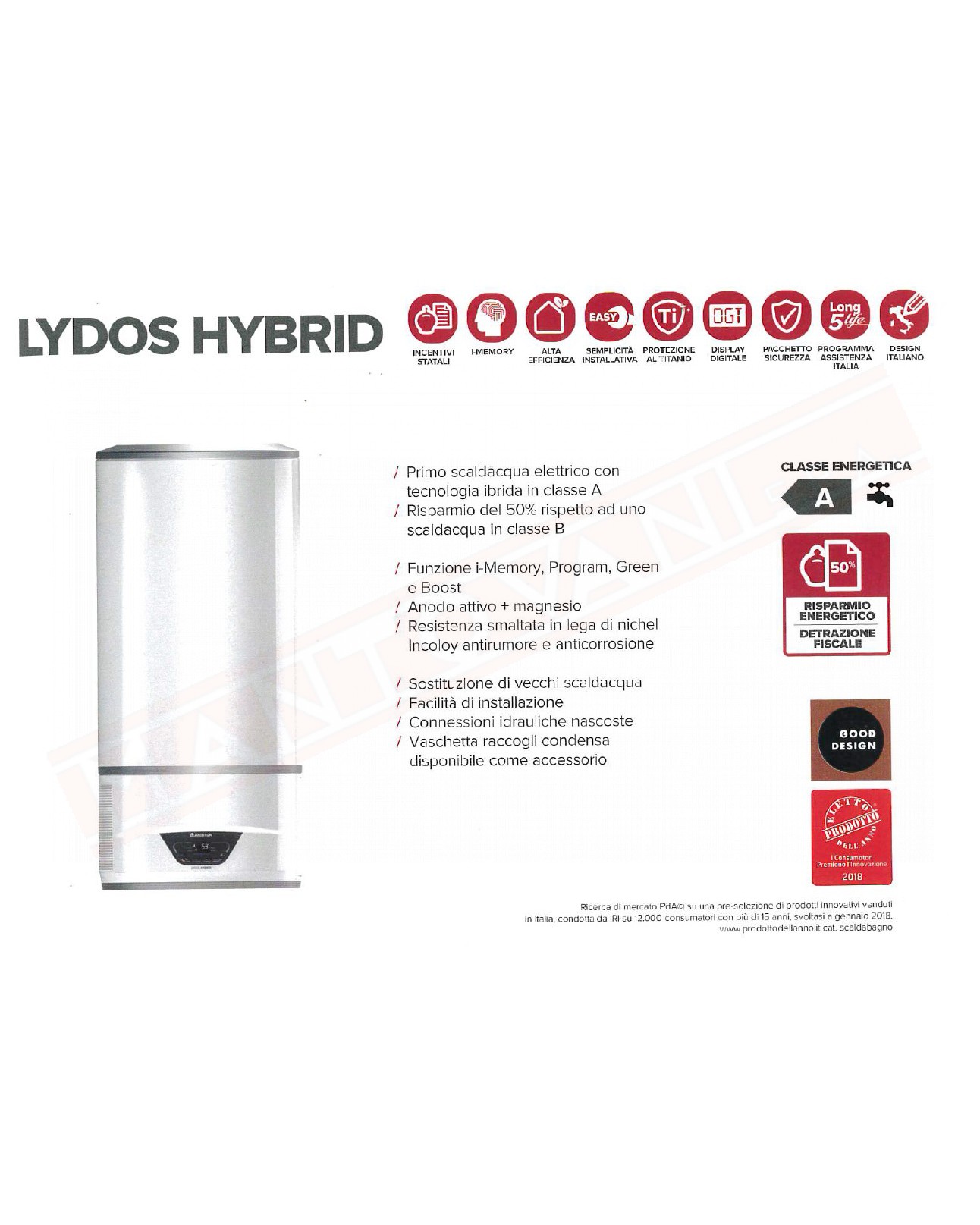Ariston scaldabagno lydos hybrid 80 classe energetica A diametro 465 h 1009 senza vaschetta per condensa