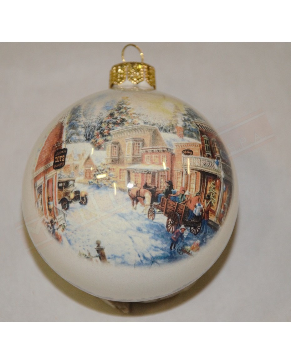 Pallina di natale diametro 8 in terracotta decorata paesaggio e carrozza da utilizzare per albero di Natale