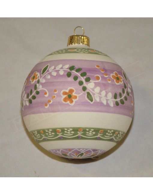 Palla per albero di natale diametro 10 cm in terracotta fondo bianco decoro lilla e multicolore