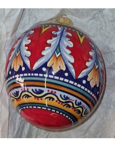 Pallina di natale diametro 8 in terracotta decorata lucida sfondo inferiore rossa decori con punte ottanio, bianche, beige,blu