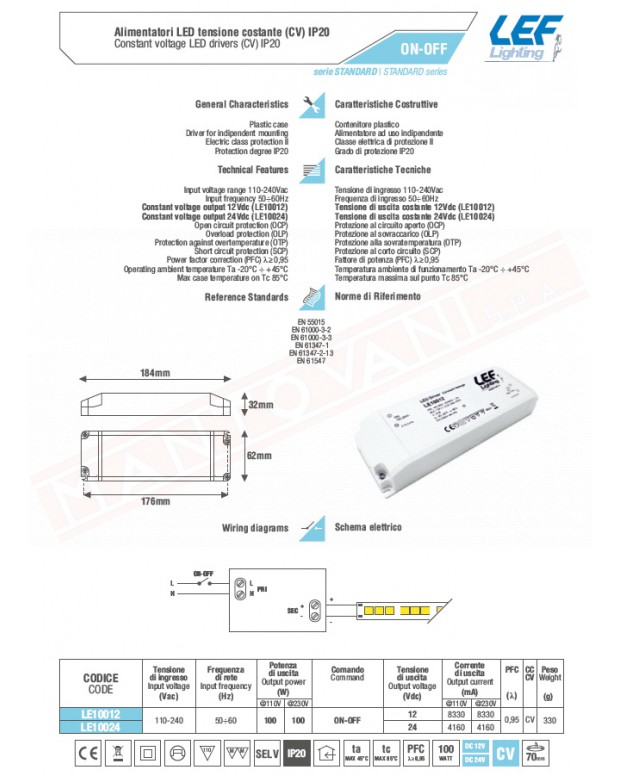 Lef alimentatore per led tensione costante 12V 100W MA 184x62x32 MM IP20 non dimmerabile