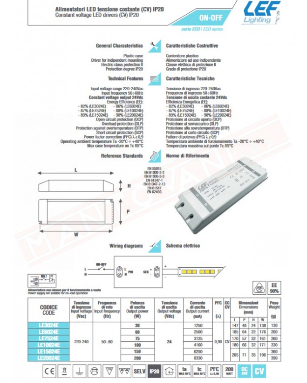 Lef alimentatore per led tensione costante 24V 60W corrente max 2500 MA 185X64X22 MM IP20 non dimmerabile
