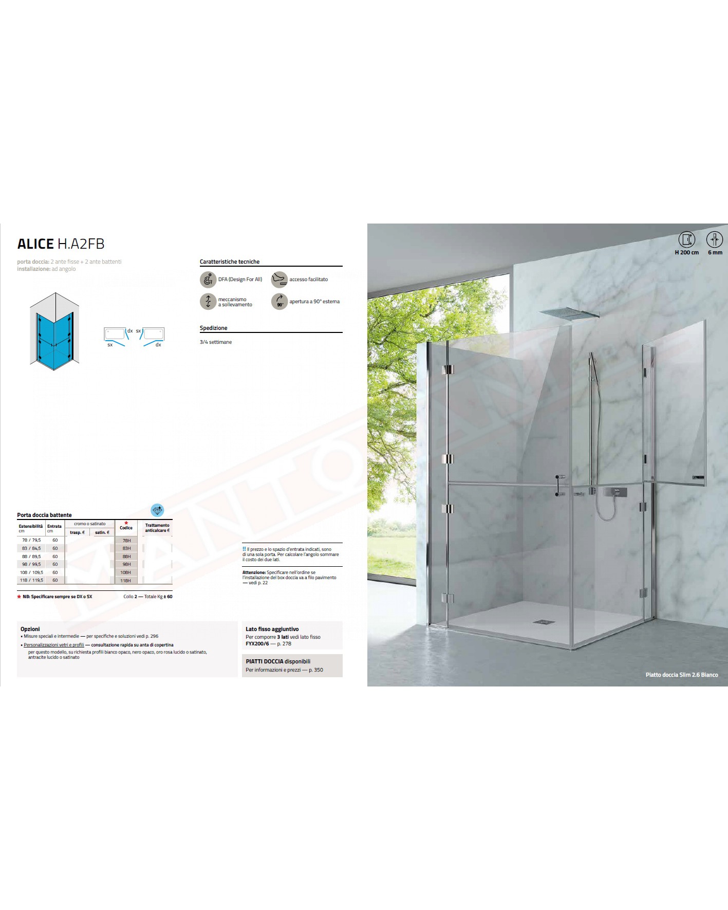 CSA box doccia Alice ha2FB h200 doccia angolare per anziani con 2 vetri fissi 4 ante a battente 6mm misure da 78 a 119.5