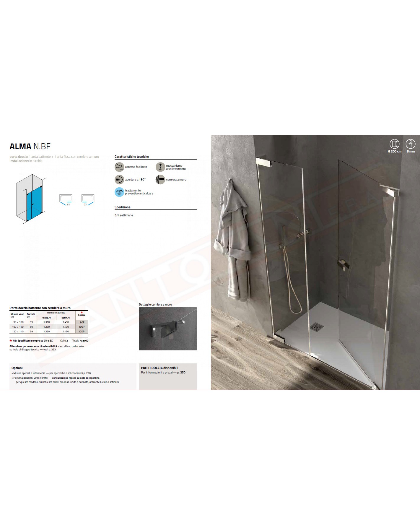 CSA box doccia Alma N.BF porta doccia per nicchia con 1 anta a battente+fisso 6mm da 90 a 140 occorre disegno tecnico per ordine