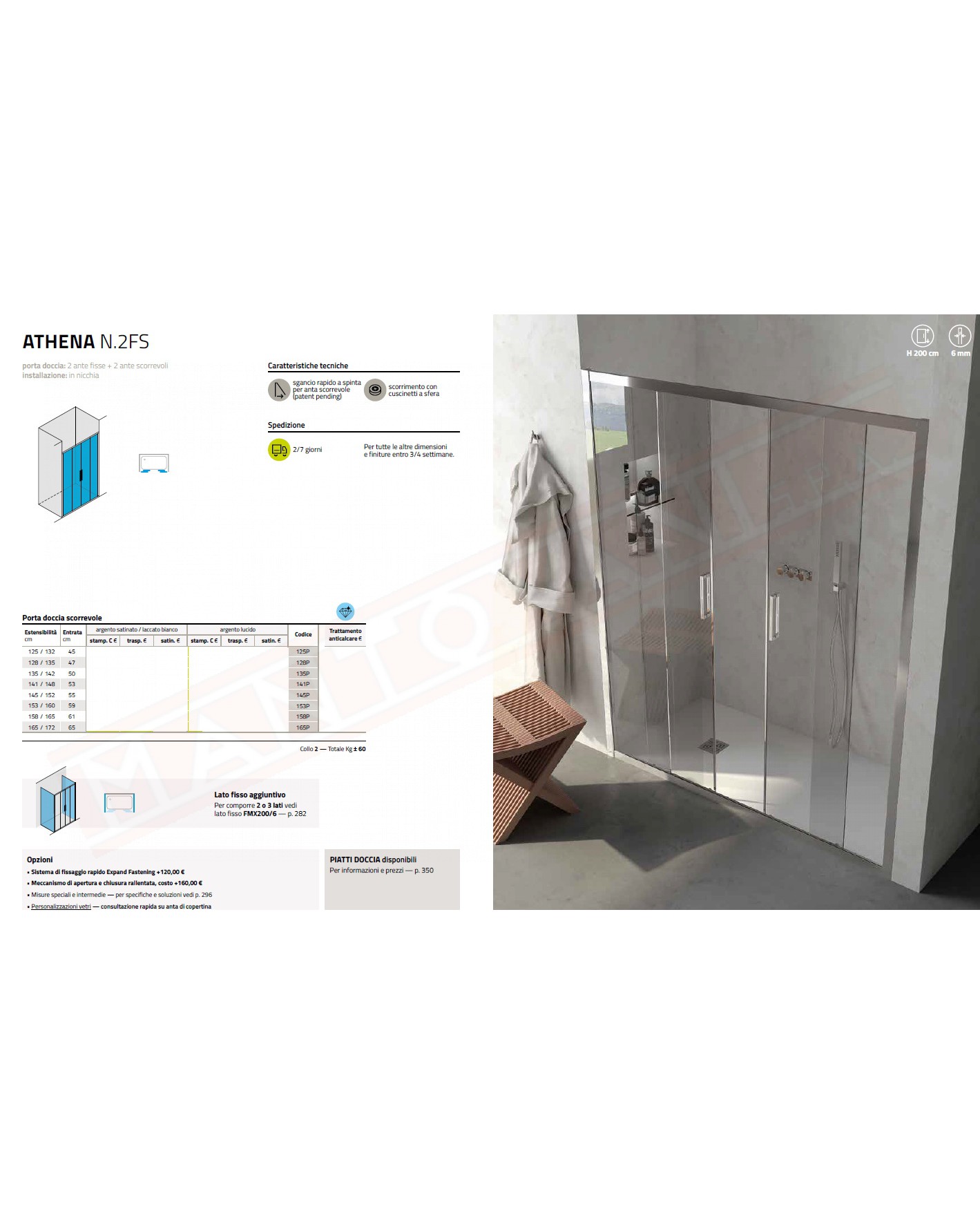 CSA box doccia Athena N2 FS porta doccia per nicchia con due vetro fisso e due anta a scorrevole 6mm misure da 125 a 172