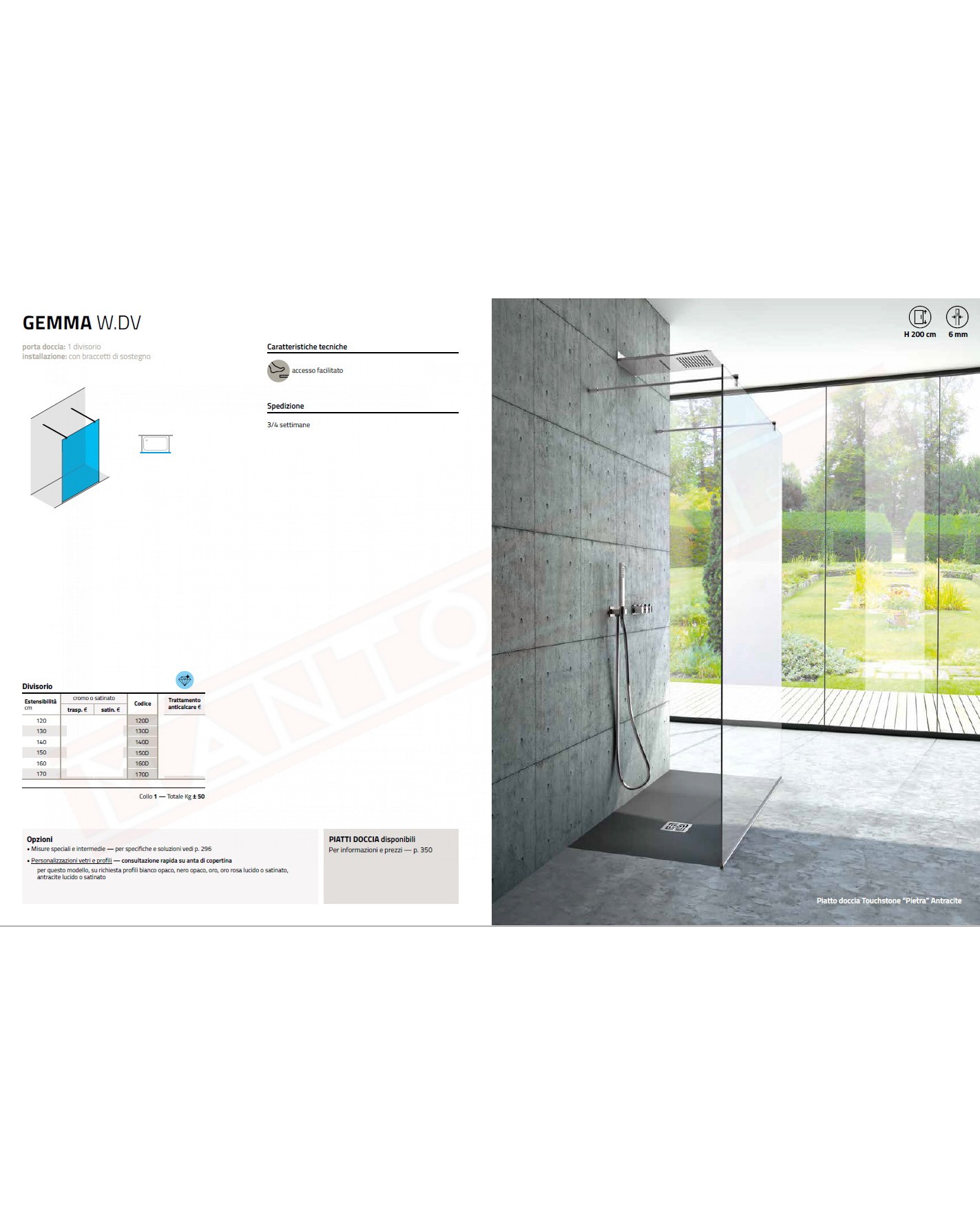 CSA box doccia walk in Gemma WDv vetro fisso centro parete da cm 120 a 170 con due braccetti . H 200 spessore 6 mm