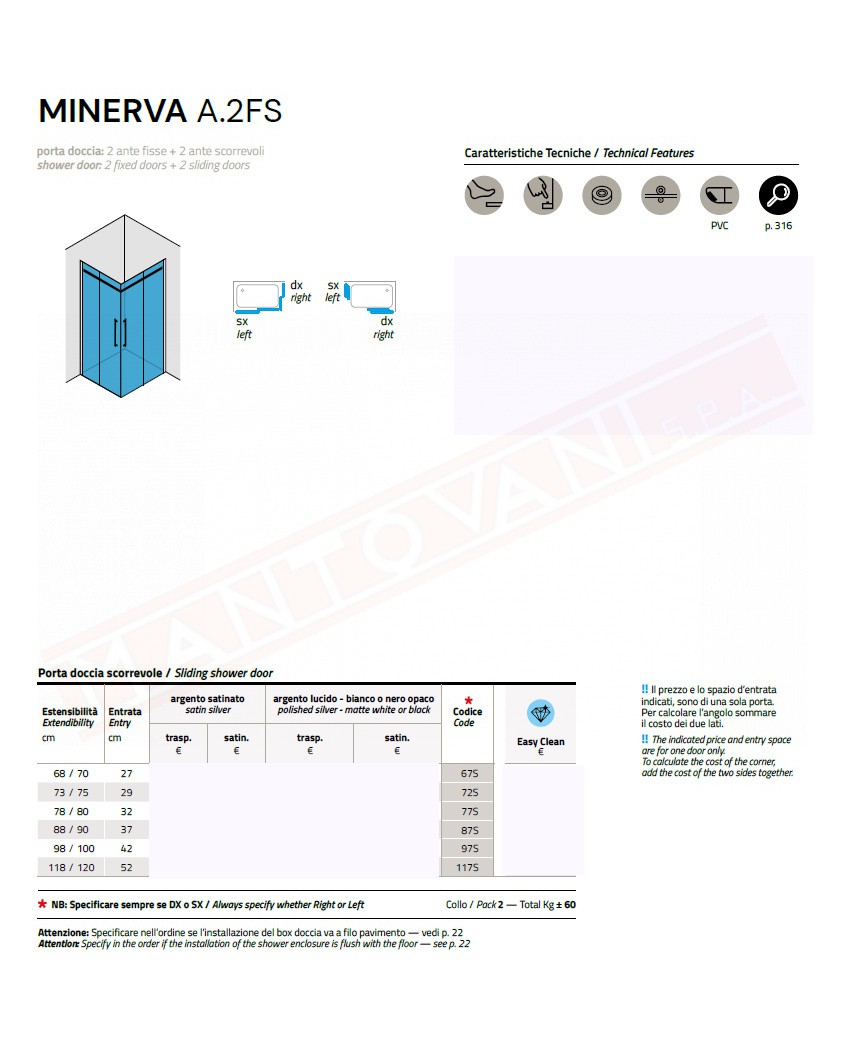 CSA box doccia Minerva A2FS per piatto doccia angolo con 2 anta scorrevole 2 laterale vetro 6 mm misure da 68 a 120