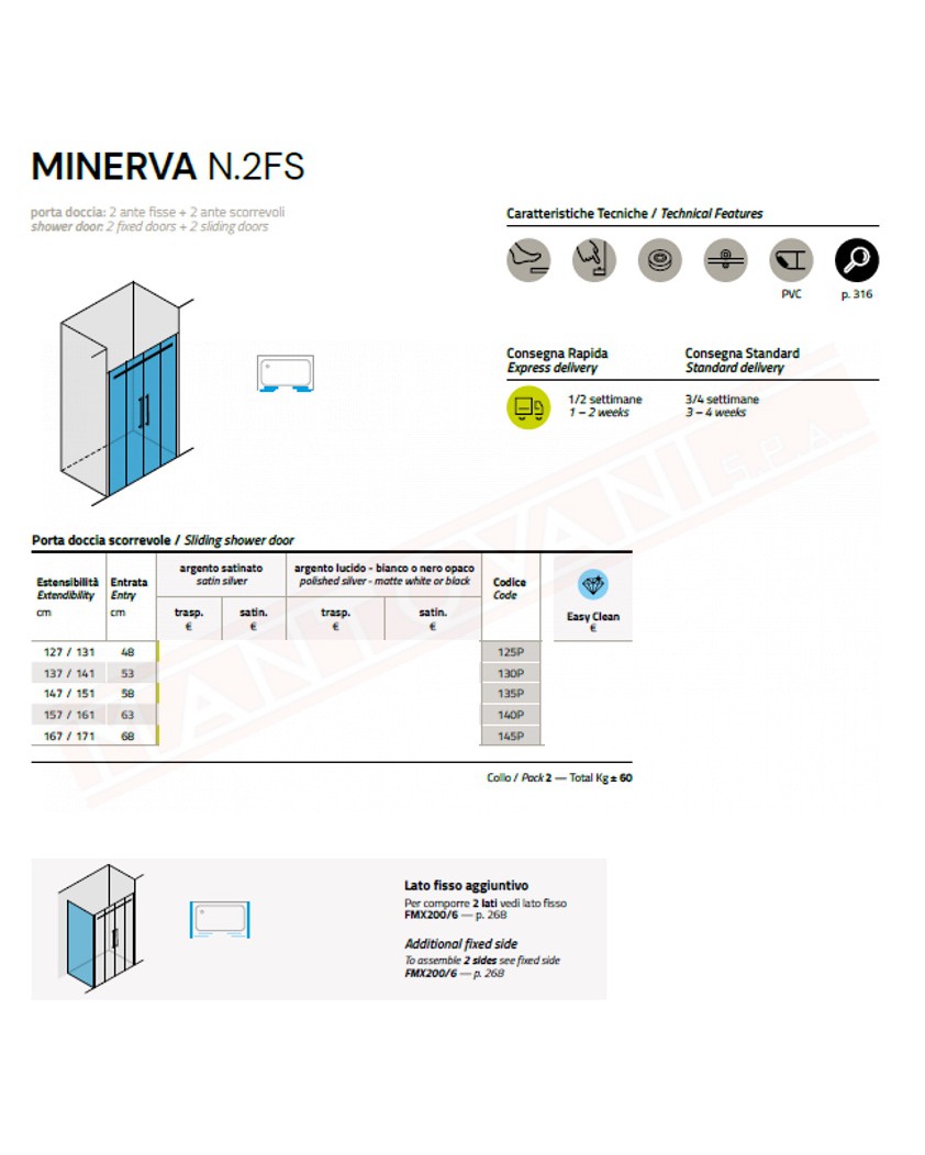 CSA box doccia Minerva N 2 FS porta doccia per nicchia con due vetri fissi e due ante scorrevoli 6mm misure da 127 a 171