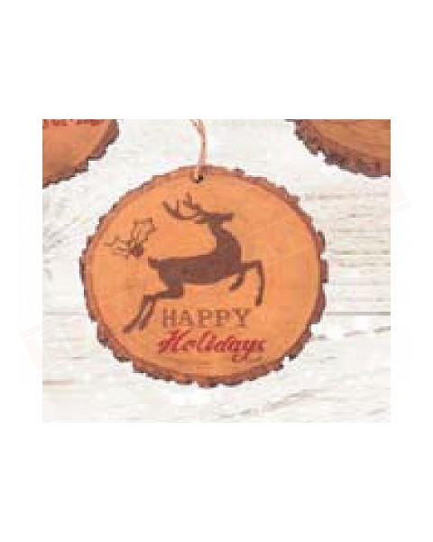 Disco in legno decorato con renna e scritta happy holiday addobbo per albero di natale diametro 9.5 cm shabby chic