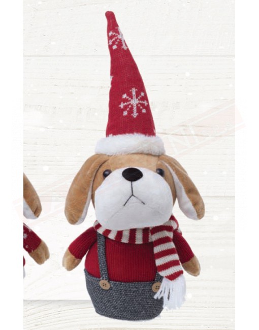 Cagnolino con berretto rosso vestito di grigio e rosso con bretelle h 43 cm. . Non adatto come gioco per bambini
