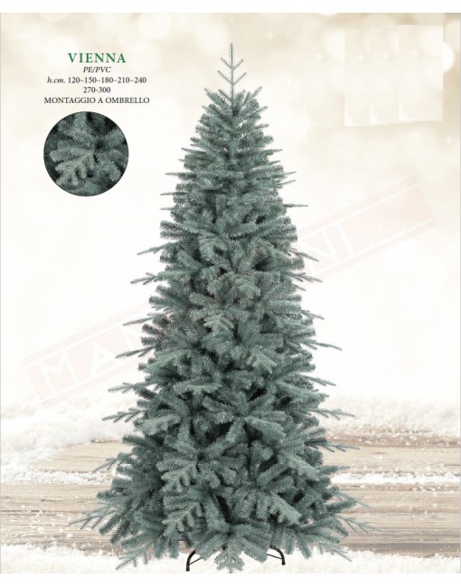 Albero di Natale CM 210 1337 rami in pe e pvc tipo pino argentato apertura rami ad ombrello diametro 137 cm base in metallo