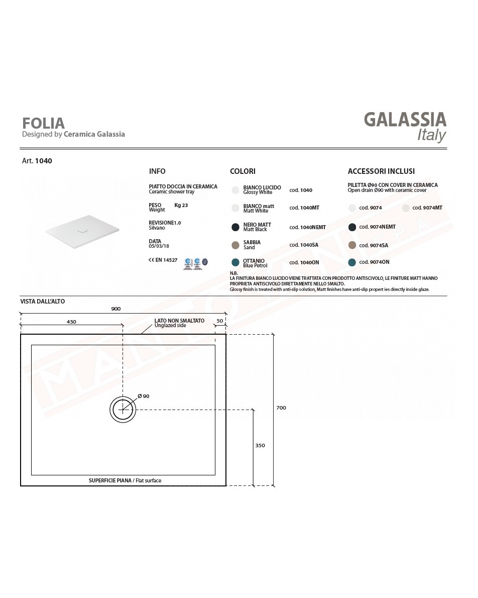 Galassia H3-Folia 70 piatto doccia cm 70x90 trattamento antiscivolo piletta diametro 90 con coperchio ceramica inclusa