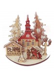 Paesaggio di Natale in legno intagliato con lampione alberi casette e babbo natale