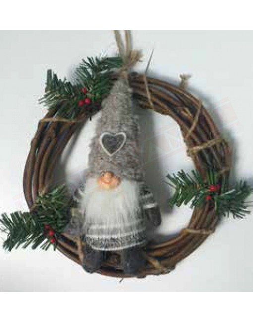 Giocoplast fuoriporta gnomo grigio con cuore su berretto diametro 20 cm su corona legno e rami