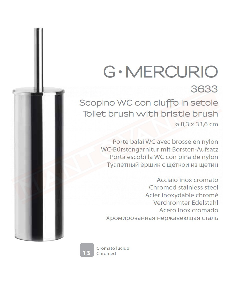 Gedy G.Mercurio scopino wc da terra cromato con ciuffo in setole misure diametro art 8,3x33,6