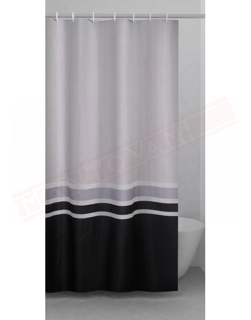 Tenda da bagno in poliestere spessore 0,125 misure 240x200 bianca grigia e nera completa di anelli .