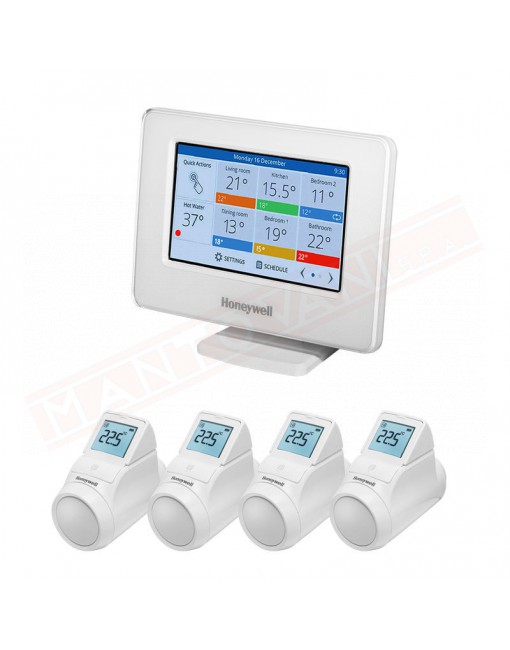 Resideo kit per impianti centralizzati con 4 teste termostatiche e display comandabile da smartphone o tablet con Wi Fi