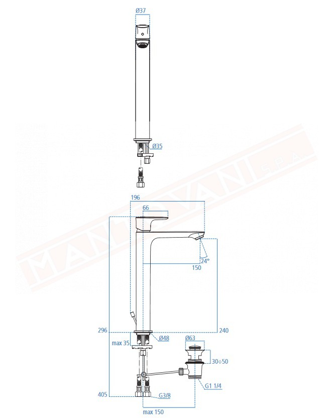 Connect Air rubinetto lavabo alto Ideal Standard h 240 l 150