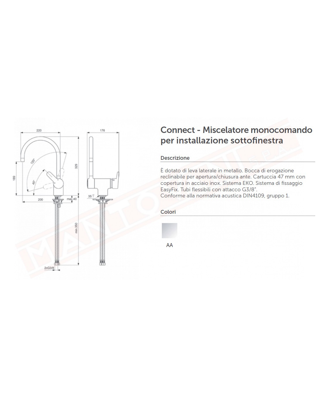 Ideal Standard Connect miscelatore lavello cucina da appoggio per installazione sottofinestra h 189 mm l 220 mm
