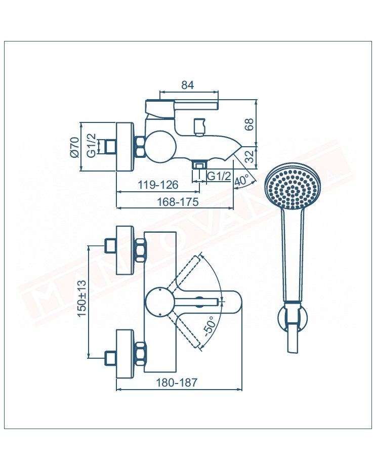 Ceraline rubinetto vascadoccia esterno con doccetta e supporto fisso interasse 15 cm Ideal Standard rubinetteria