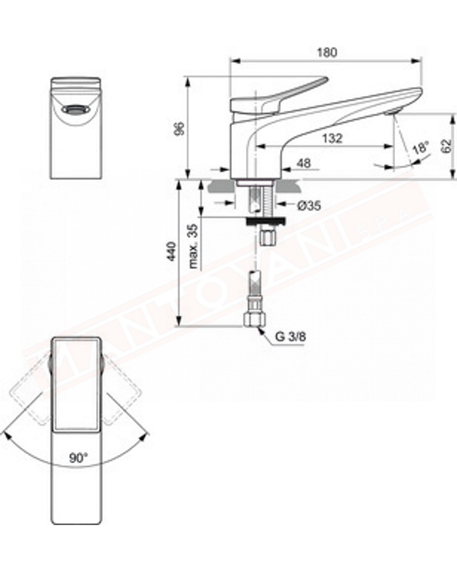 Check rubinetto lavabo cromato Ideal Standard sporgenza 132 mm h 62 mm senza saltarello e piletta