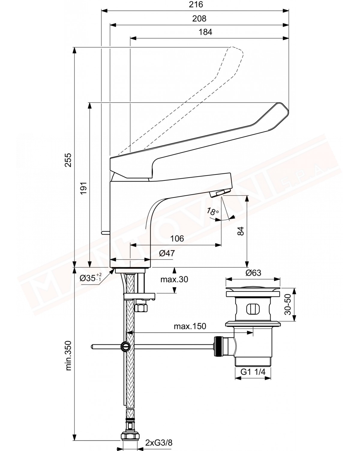 Ideal Standard Cerabase miscelatore monocomando da lavabo leva clinica bocca 106 mm aereatore portata 5 litri min