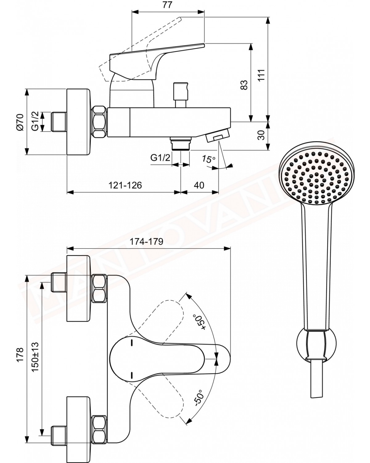 Ideal Standard Cerabase miscelatore monocomando da vascadoccia esterno interasse 15 cm con flessibile e doccetta
