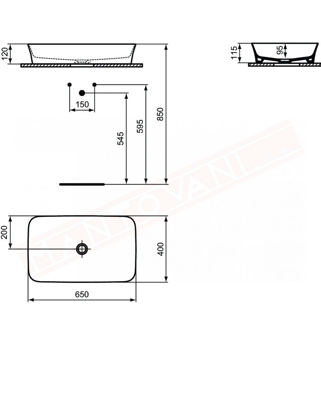 Ideal Standard Ipalyss lavabo da appoggio rettangolare 60x40 cm senza troppopieno e senza foro rubinetto
