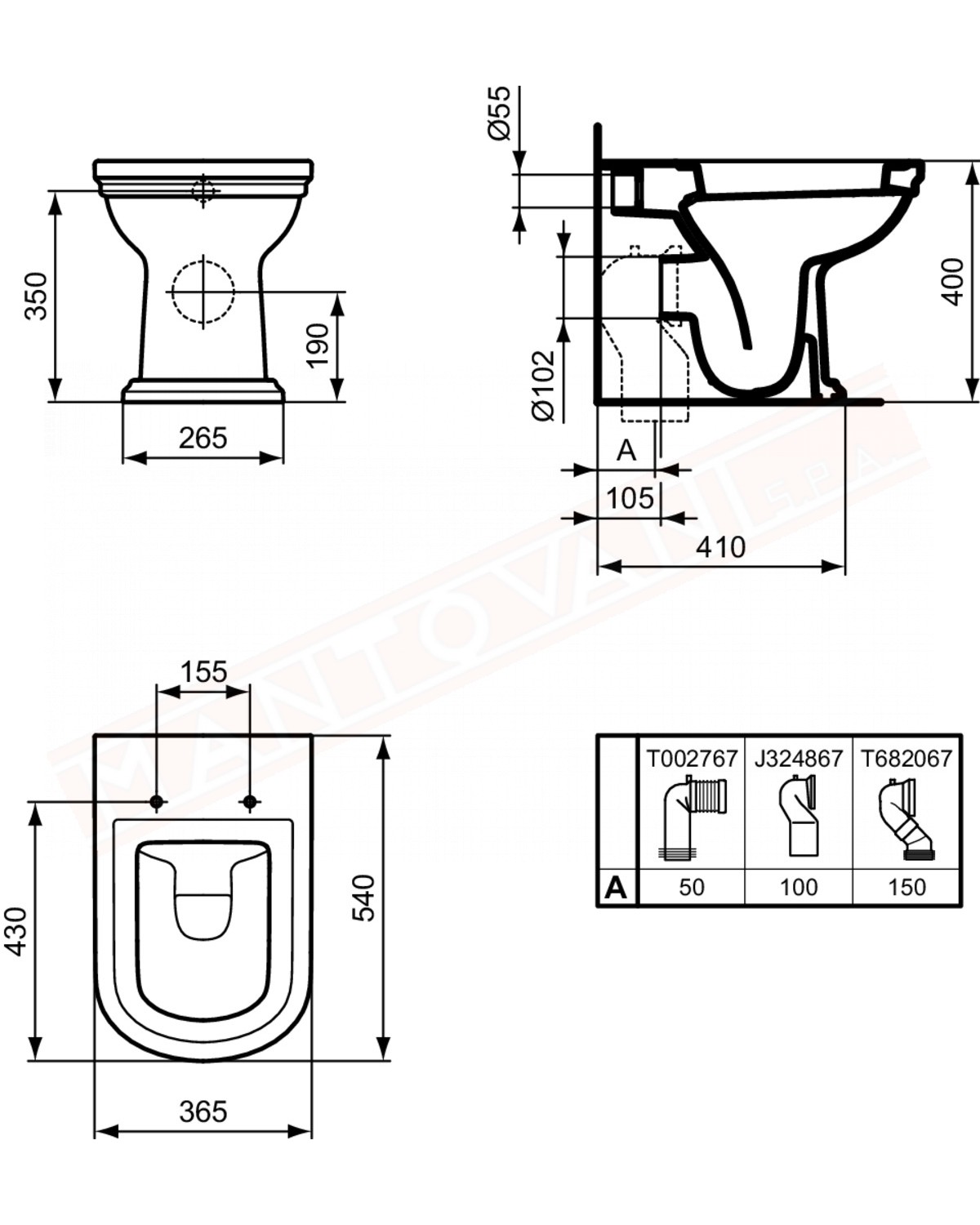 Ideal standard Calla wc a terra scarico unversale 54x36.5 per fissaggio filo parete da completare con le connessioni di scarico