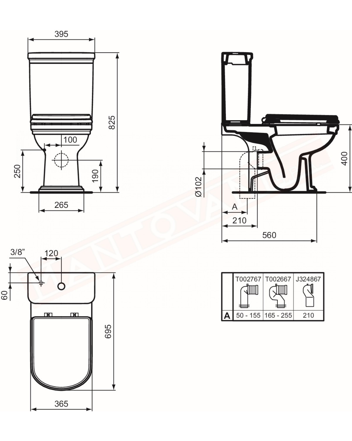 Ideal standard Calla wc a terra per cassetta appoggiata scarico universale 69.5x36.5 da completare con le connessioni di scarico
