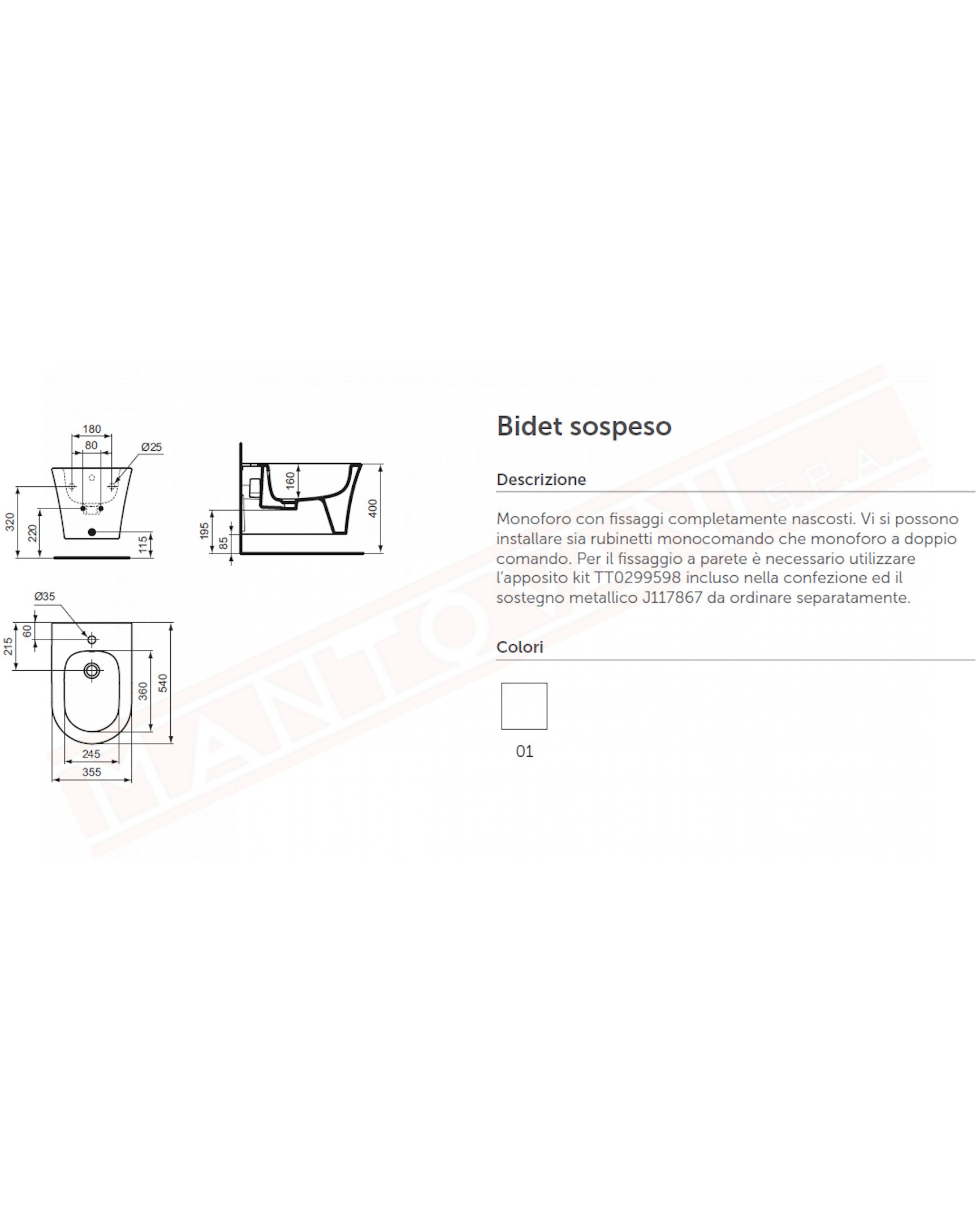 Ideal standard La Dolce Vita bidet sospeso monoforo 540x355 fissaggi nascosti tt0299598 compresi