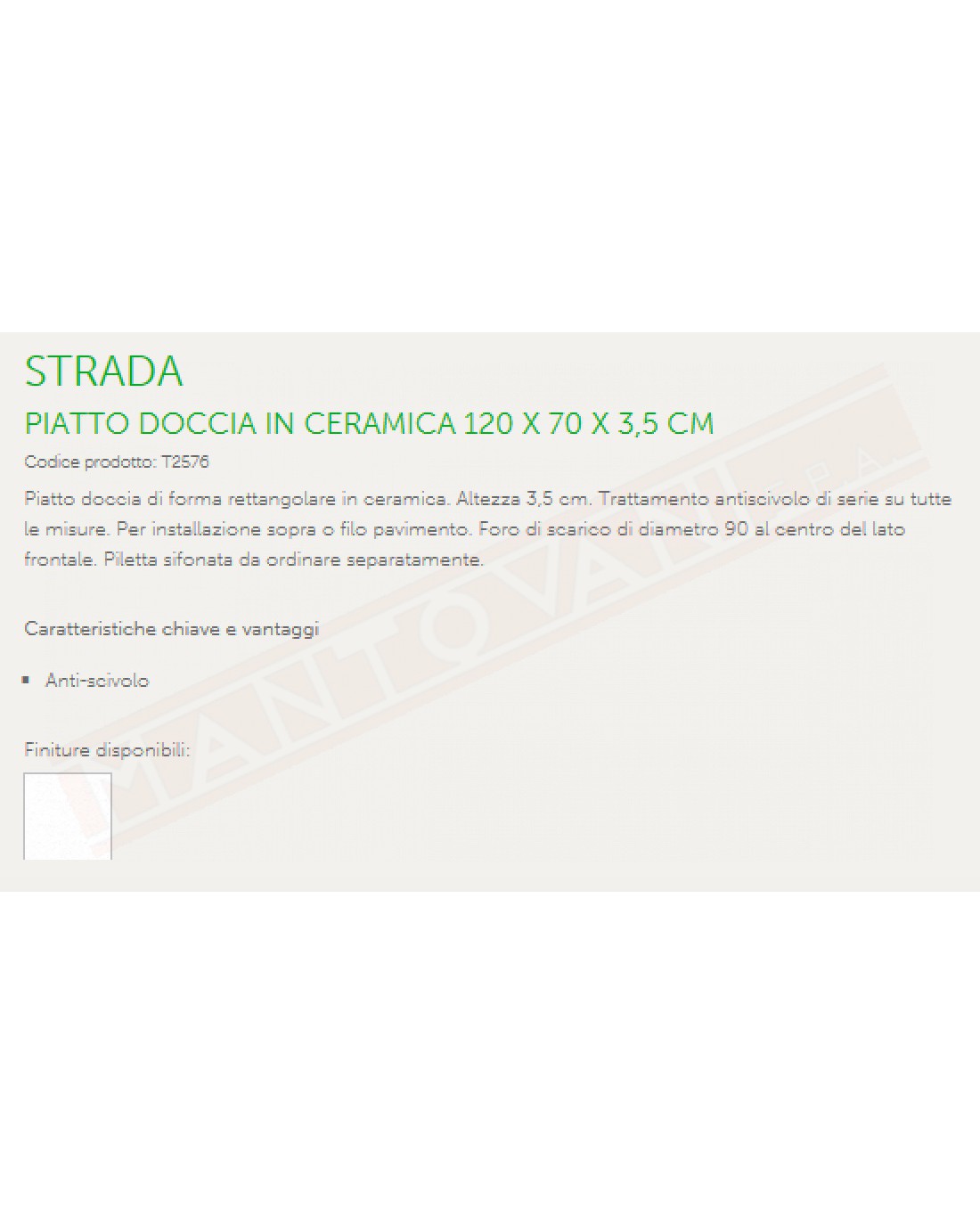 IDEAL STANDARD STRADA PIATTO DOCCIA 120X70 H 3.5 CM CON TRATTAMENTO ANTISCIVOLO FORO DIAMETRO 90 MM AL CENTRO DEL LATO FRONTALE
