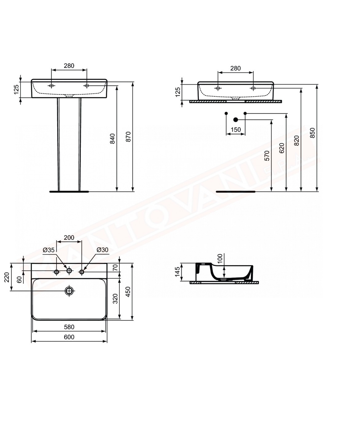 Ideal Standard Conca lavabo bagno da parete 60x45 cm senza troppopieno e tre fori rubinetto