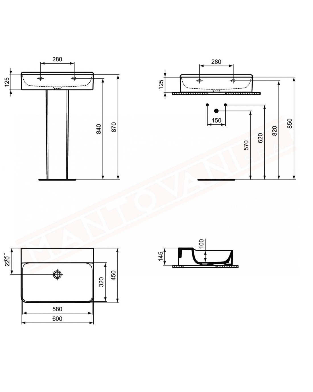 Ideal Standard Conca lavabo bagno da parete 60x45 cm senza troppopieno e senza foro rubinetto