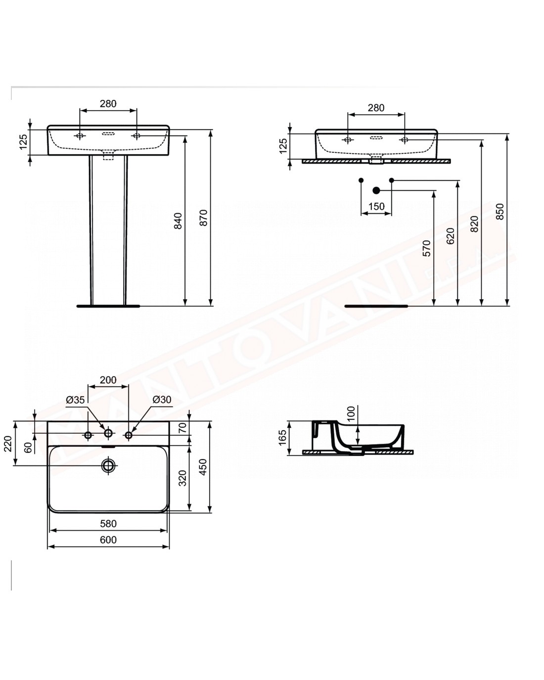 Ideal Standard Conca lavabo bagno da appoggio 60x45 cm con troppopieno e tre fori rubinetto lato inferiore rettificato