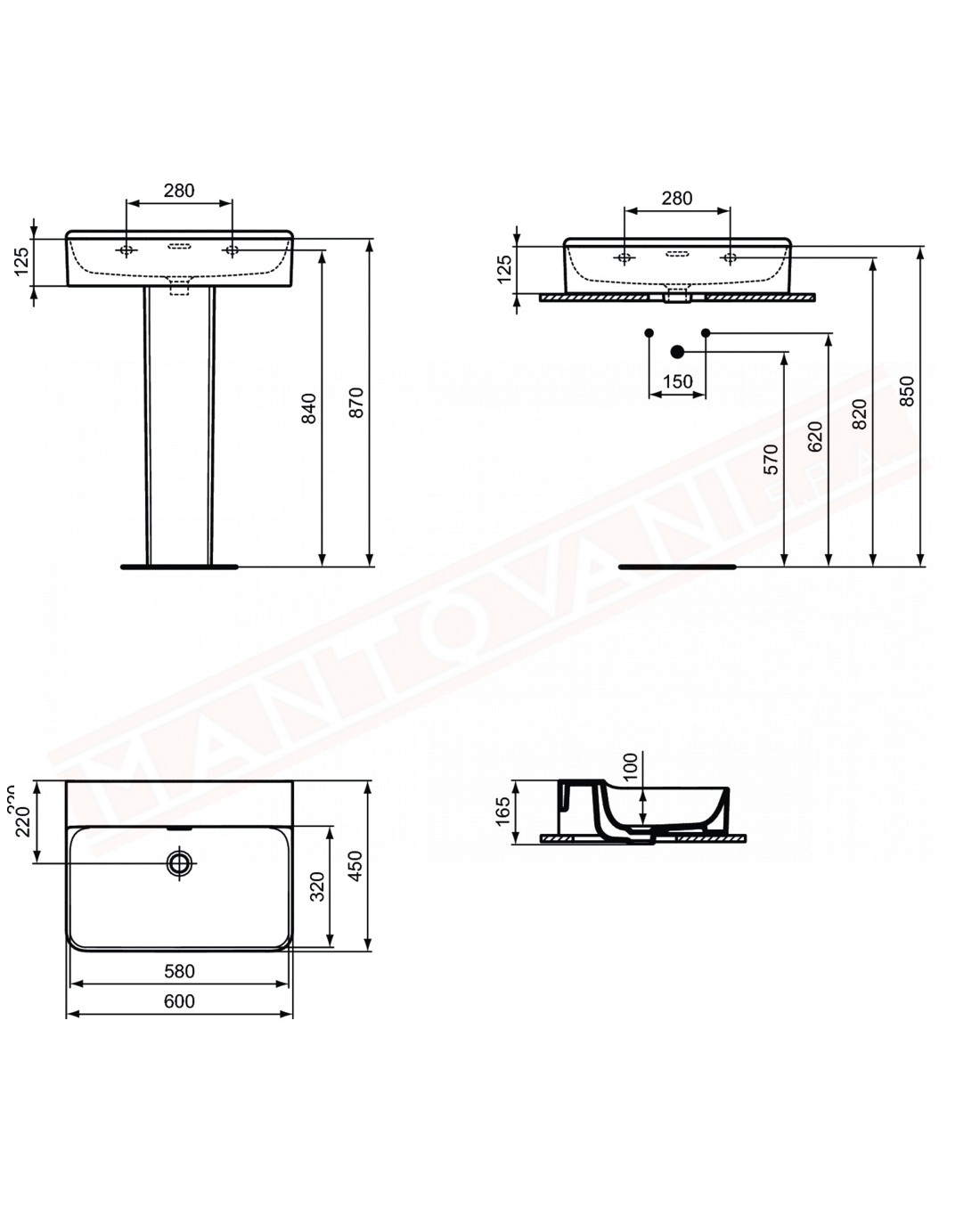 Ideal Standard Conca lavabo bagno da appoggio 60x45 cm con troppopieno e senza fori rubinetto lato inferiore rettificato