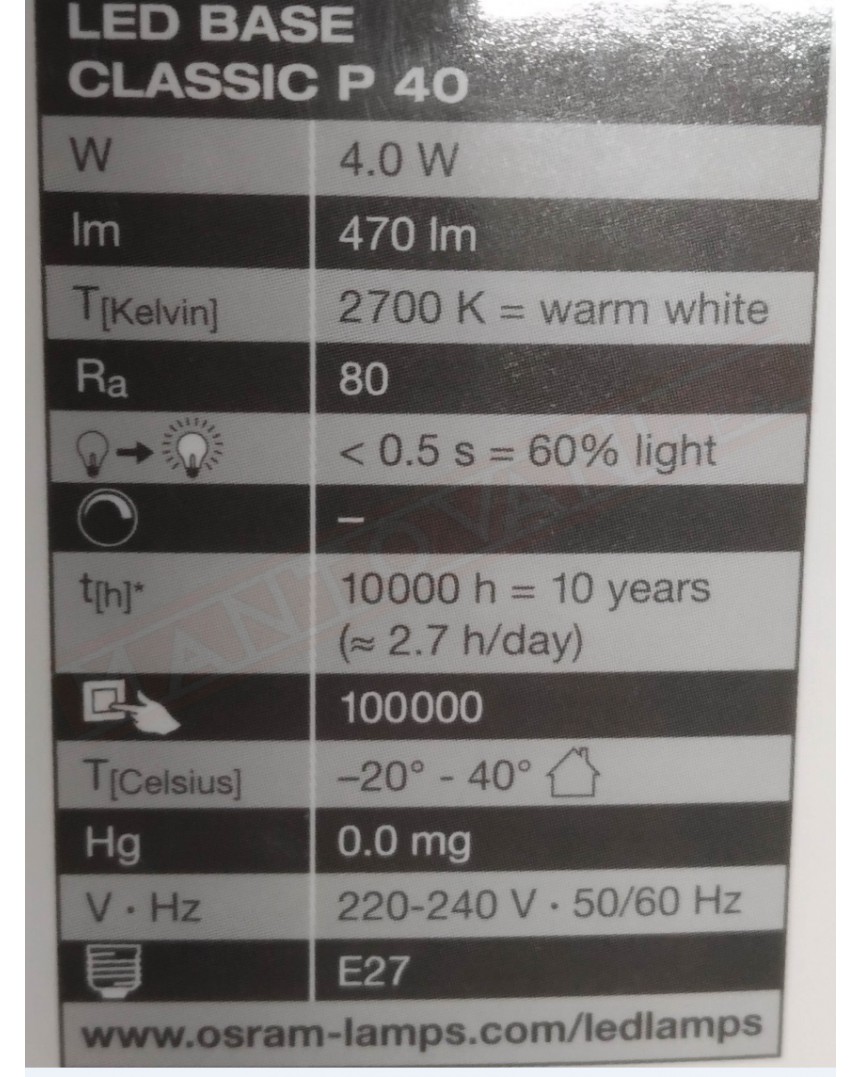 Ledvance box 3 lampadine led 4w 40w smerigliata no dim E27 827 classe energetica A+ 470 lumen 2700 K