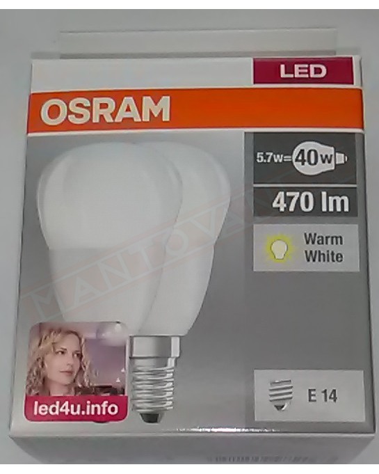 Ledvance box 2 lampadine led 5.7w 40 smerigliata no dim E14 827 classe energetica A+ 470 lumen 2700 K 90x45 MM