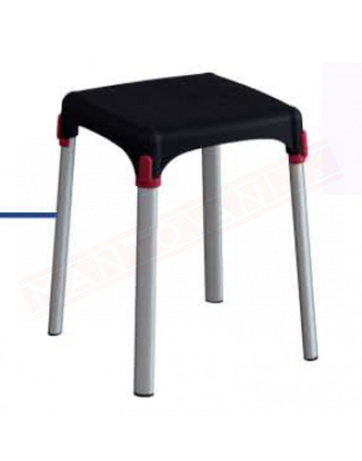 Sgabello con seduta nera e gambe in alluminio altezza da 42.5 seduta 39x39 per persone massimo 150 kg