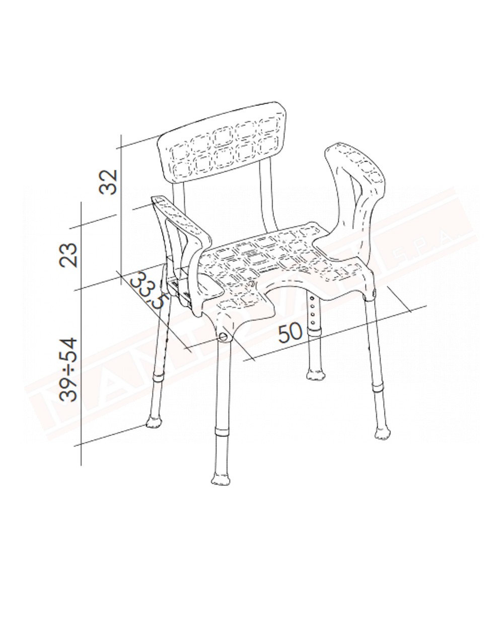 Sgabello da doccia seduta rettangolare con apertura frontale schienale e braccioli portata max 150 kg
