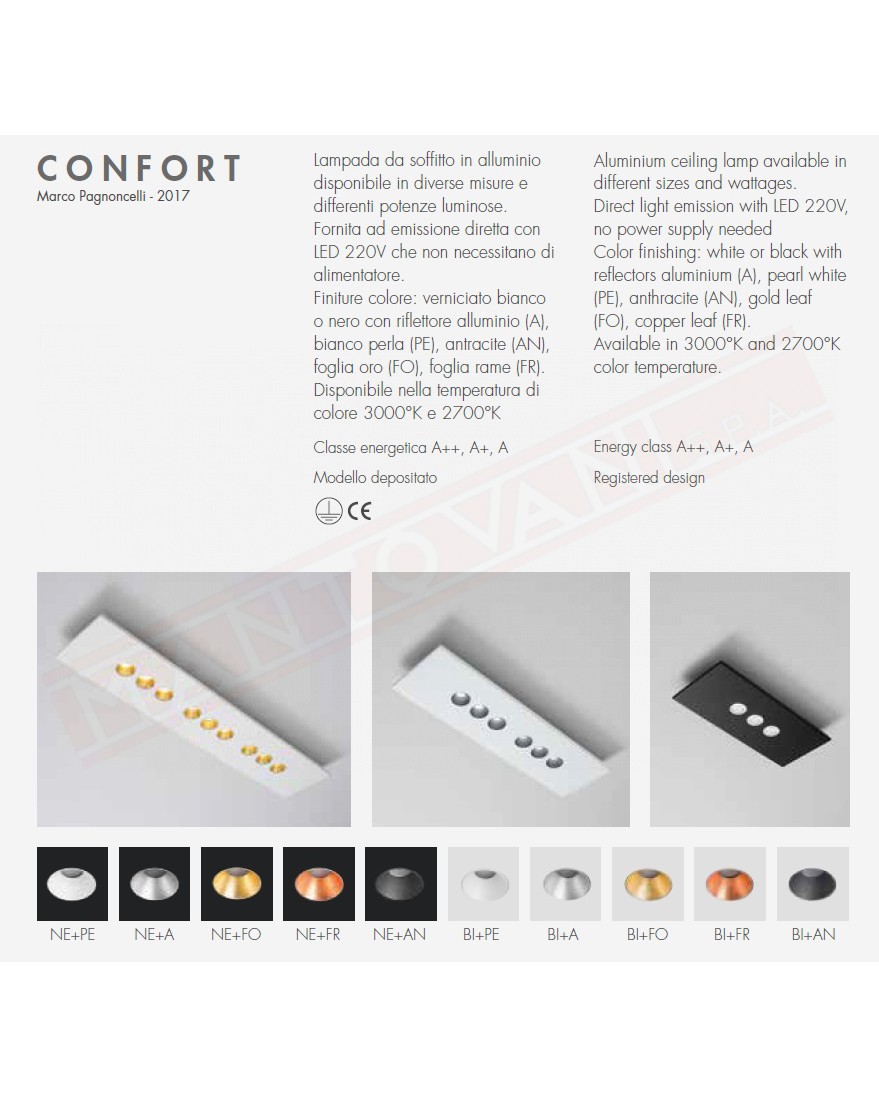 Icone Confort 3 r plafoniera a led 13.5w 1050lm 3000k verniciata nera con riflettori bianco perla cm 46x20x4.5