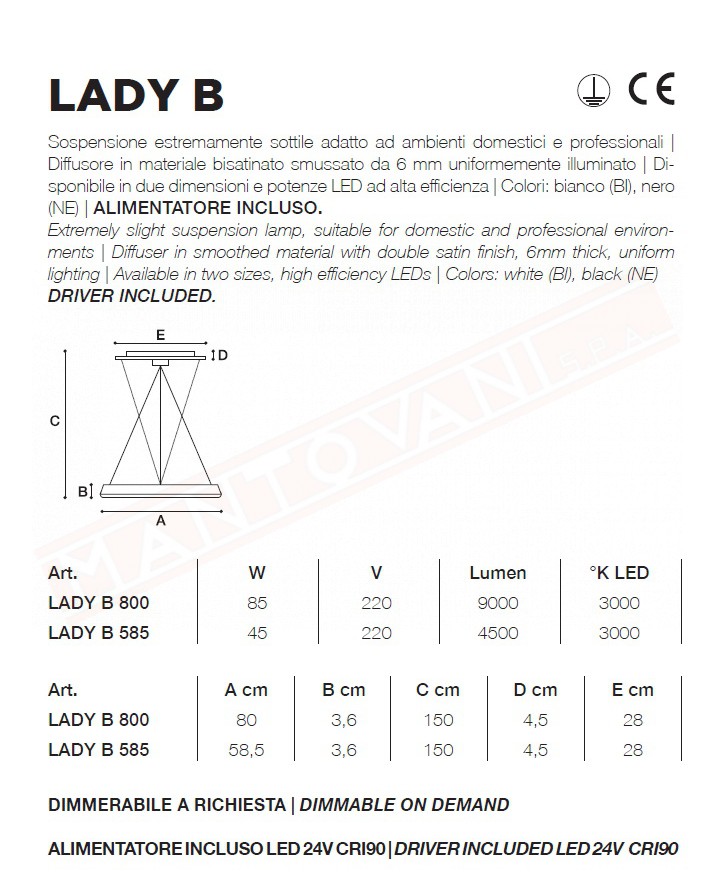 Icone Lady B sospensione verniciata bianca a led 85w 9000lm 3000k diametro 85 h.150 max