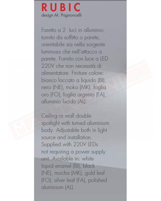 ICONE LUCE RUBIC 10B APPLIQUES LED 10 W BIANCO CALDO . MINITALLUX RUBIC 10B CLASSE ENERGETICA A A+A++