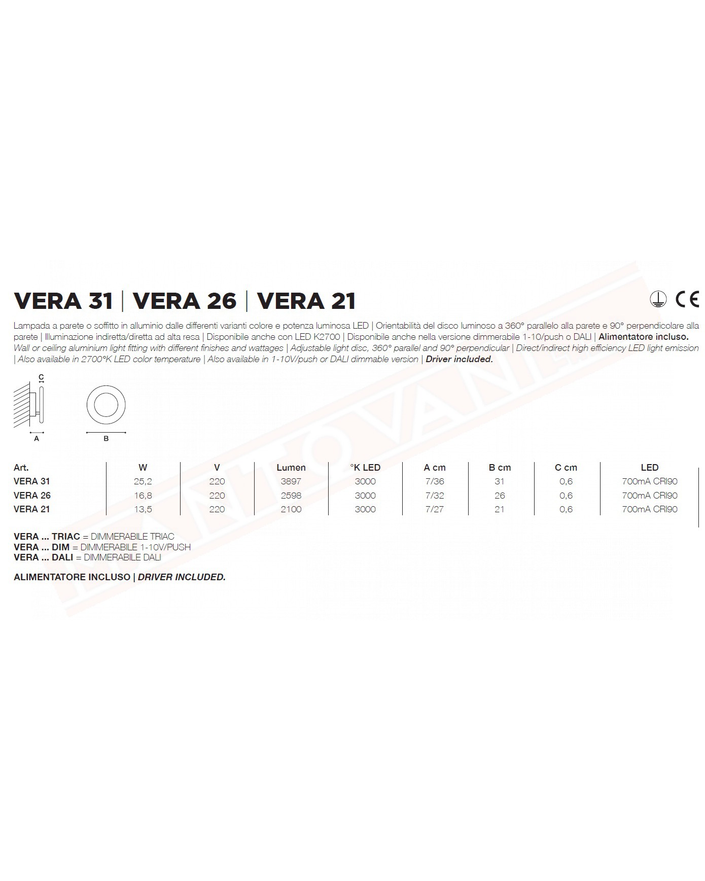Icone Vera 26 applique bianca con anello nero a led 16.8w 2598 lm 3000k diametro 26 sp.7\32